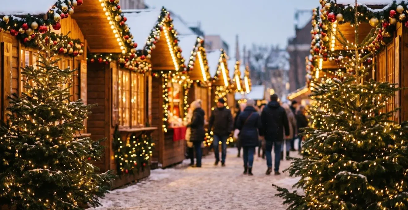 Allée d'un village de Noël éphémère illuminée par des guirlandes dorées et des sapins lumineux blancs chauds le soir