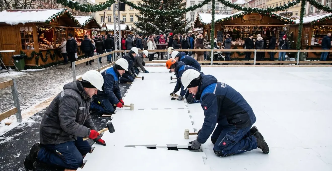 Équipe technique en train d'assembler les dalles d'une patinoire synthétique dans un espace événementiel extérieur décoré pour Noël