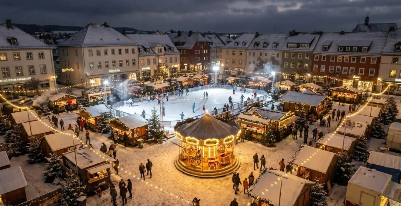 Vue nocturne d'un village de Noël éphémère avec patinoire illuminée, carrousel vintage et chalets en bois décorés